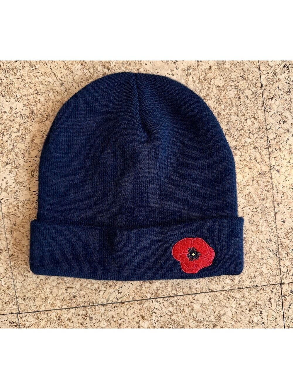 Beanie Navy Blue Wool Knit Red Winter Hat Poppy Flower Brittany, France